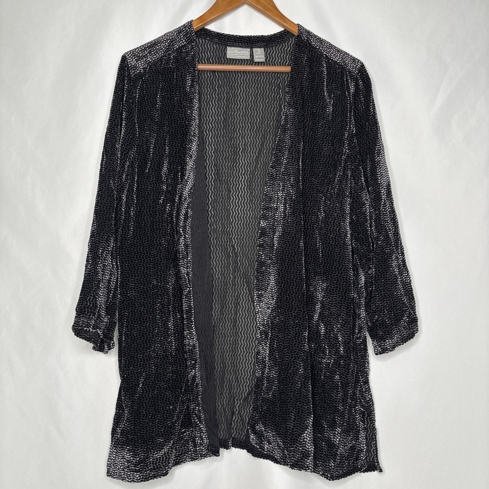 Chico's Travelers Womens 3 (16) Silver Black Velvet Open Sheer Jacket 3/4 Sleeve